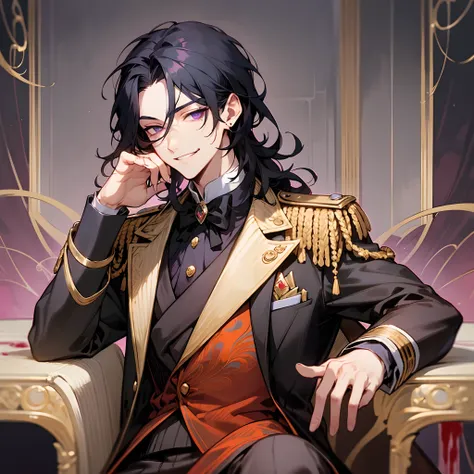 tmasterpiece, beste-Qualit, 1boy, aristocrat, portraite of a, upper-body, tailcoat, hairlong, black  hair, smirk, Sits, violet eyes, A lot of blood