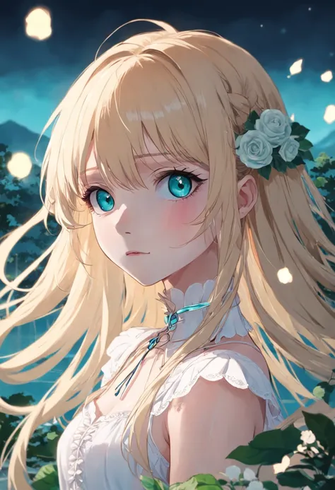 ((long shot))，((plant view))，Long light blonde hair，Bangs cover half of the eyes，Three strands of bangs，White choker，（（（（There is a rose around the neck）））），（Pink rosette wreath），White crossover slip dress，White lace-up dancing shoes，Aqua blue eyes，Curved ...