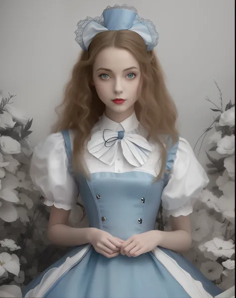 there is a woman in a blue dress posing for a picture, portrait of alice in wonderland, like alice in wonderland, alice from alice in wonderland, alice in wonderland style, alice, alice in wonderland 3 d, alice in wonderland, from alice in wonderland, 2 d ...