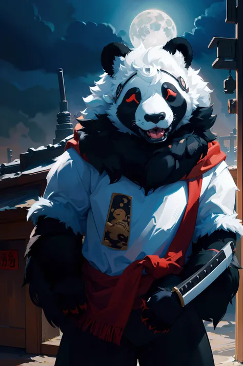 in the dark of night，A bright moon shines on the steppe，Panda in mechanical armor，Red scarf，Katana in hand，Monster hunting is being hunted