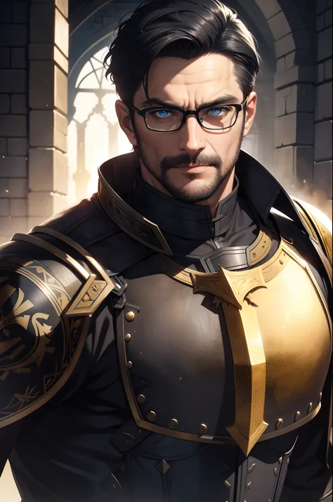 Short dark black hair，Black-framed glasses，Blue eyes，middle aged man，Slag，European Middle Ages，Golden armor，Muscle men，Handsome，Drawing，Ultra detailed，Cinematic footage，Texture，Light，Contre-Jour，Smoky，with black background