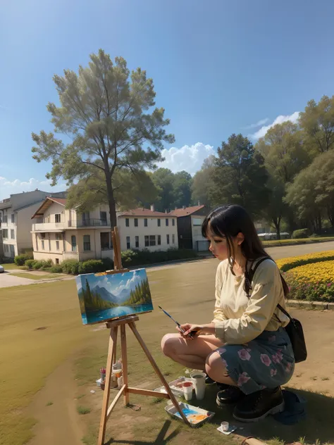 Artist girl outdoor painting