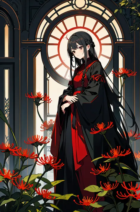 1 woman, (masterpiece, best quality:1.2), wearing black clothing, garden setting, red spider lily, dark theme, very long hair, arm length hair, fully braided hair, black hair, black eyes