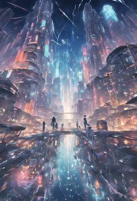 Quantum Mirage: In a technologically advanced city built atop a reflective sea, create a scene where towering skyscrapers seem to meld with their own reflections, blurring the line between reality and illusion. The citys residents harness quantum energy to...