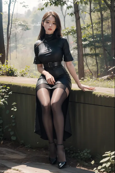 (full body:1.5)，(1girl:1.3),(view the viewer:1.4)，(anatomy correct:1.3),(sitting in the forest:1.2),(Wearing a firefighter Style Dress:1.2),(Opaque pantyhose:1.3),( girl pointed thick heels :1.1)，(Accurate and perfect face:1.3),(Long legs:1.3),hyper HD, Ra...