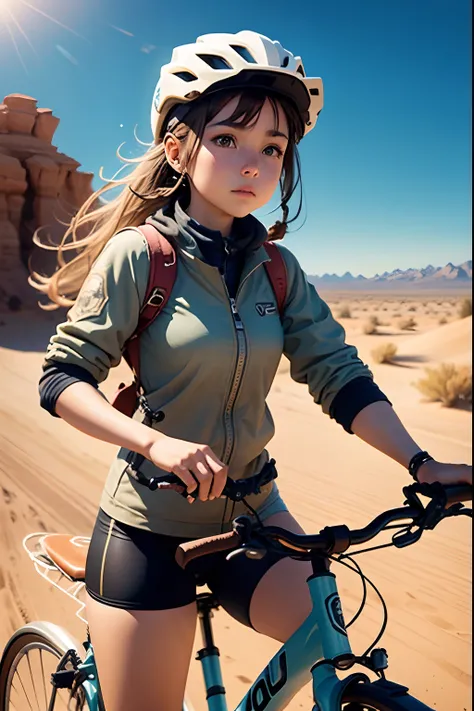 A girl rides a bicycle through the desert