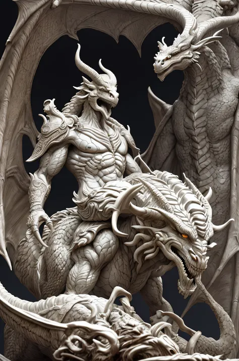 Close-up of a dragon statue stepping on a pile of skulls, beautiful male god of death, fit male demon with white horns, highly detailed sculpture, The devil stood, resin statue, Overly detailed sculpture, cgi clay sculpture, hyper-detailed fantasy characte...