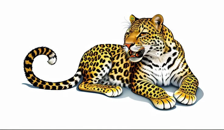 Leopards with their mouths open，Red collar and tail resting on rocks, author：Dalof Ipukar, inspired by Dahlov Ipcar, in style of digital illustration, digital art animal photo, detailed digital artwork, digital painting highly detailed, highly detailed vec...