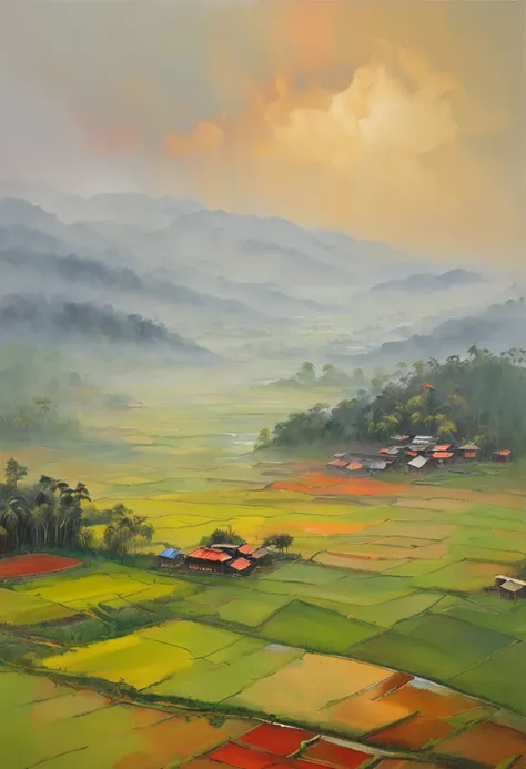 Large expanses of terraced fields, mountains, huts, with rice fields, rice fields, neat rice seedlings in the fields, misty rain, villages, agriculture, in the tranquil landscape, misty weather, in the vast tranquil landscape, in the early morning, in the ...