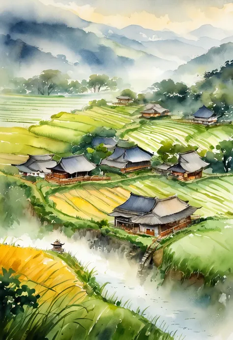 Large expanses of terraced fields, mountains, huts, with rice fields, rice fields, neat rice seedlings in the fields, misty rain, villages, agriculture, in the tranquil landscape, misty weather, in the vast tranquil landscape, in the early morning, in the ...