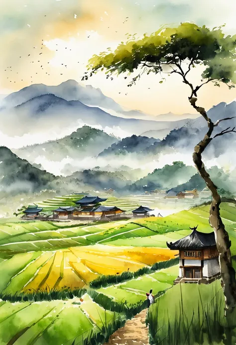 Large expanses of terraced fields, mountains, huts, with rice fields, rice fields, neat rice seedlings in the fields, misty rain, villages, agriculture, in the tranquil landscape, misty weather, in the vast tranquil landscape, in the early morning, in the ...