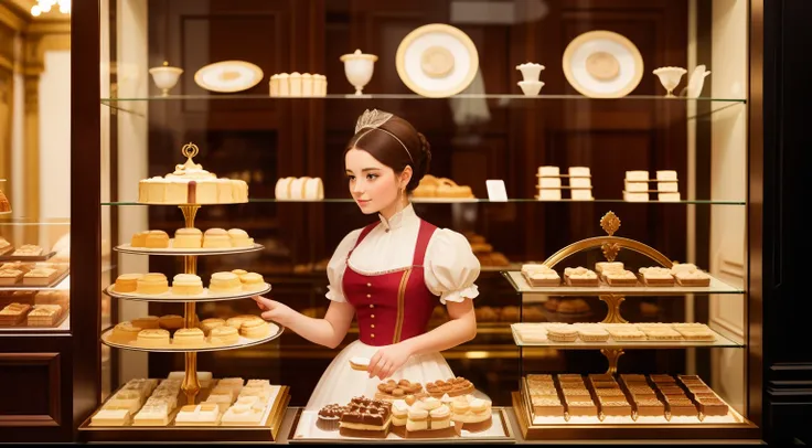 Date: 1821
Location: Vienna, Austria
Description: Inside a Viennese pastry shop, delicate desserts sit in a display case, and a young woman, dressed in empire fashion, admires them with delight.