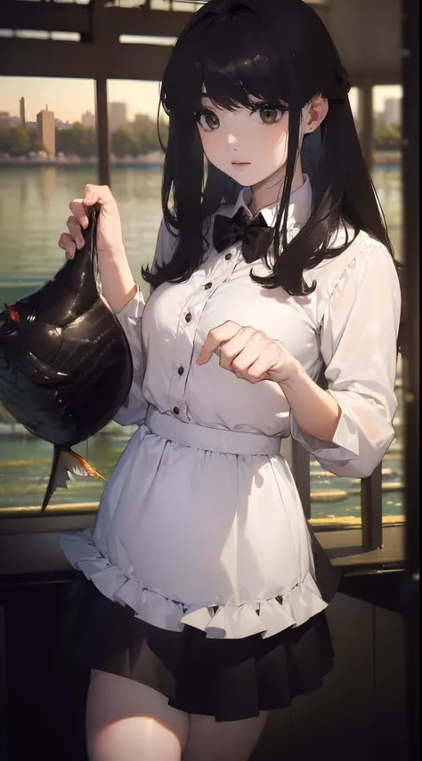 ((((Catch a big black bass by the lake:1.5)))),((1 female 28 years old))((Best Quality:1.5)),(((Hands with the correct number and structure of fingers:1.4))),(Large fish),hight resolution,ultra-detailliert,​masterpiece,best qualtiy,poneyTail,Black hair, lo...