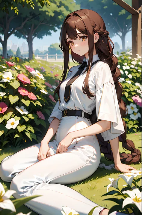 1 woman, (Masterpiece, Best quality:1.2), wearing white outfit, Garden setting, Very long hair, Waist length hair, There is a braid on the left side, Brown hair, Golden eyes