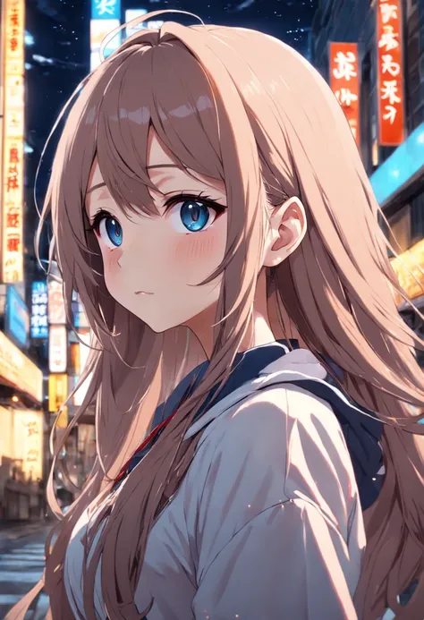 anime big breast, Girl, Long hair, street, City, the street lights, the street lights, Anime girl with long hair, Beautiful anime girl, a beautiful anime portrait, detailed portrait of an anime girl, portrait anime girl, Beautiful anime woman, anime girl p...