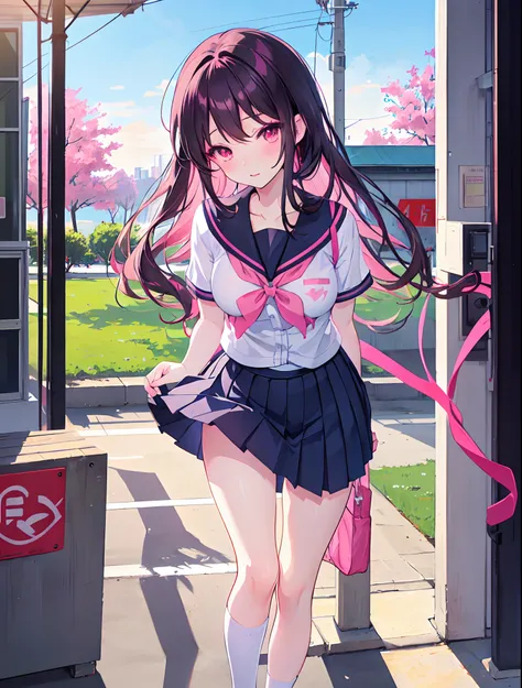 anime girl in a short skirt and a pink bow is running out of a doorl, beautiful anime high school girl, seductive anime girl, choolgirl, anime moe artstyle, school girl, smooth anime cg art, anime art, unbuttoned clothes