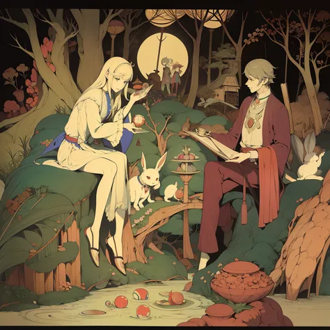 Ukiyo-e style　Anton Pieck, Heath Robinson, Charles Doyle, Harry Clarke Anime　wondrous　strange　Whimsical　Sci-Fi Fantasy　Boy Alice　Go to the March Rabbit Tea Party　Night when the nickel moon shines　Alice was coloring eggshells with paint　A white rabbit passe...