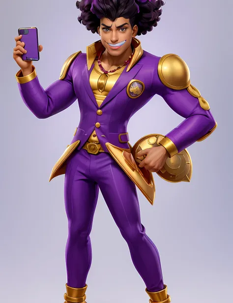 Close up portrait of a person holding a mobile phone in his hand, joe biden as a jojo character, Official Character Art, guy using the purple fancy suit, 3 d render official art, Male clown, full portrait of magical knight, posing as a jojo character, hero...