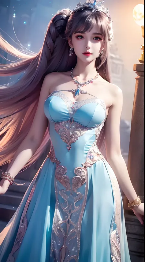 4K ultra hd, masterpiece, a cute girl, long hair, princess hairstyle, medium breasts, princess dress, rainbow dress, bare waist, lace, necklace, princess hat, moon background, attraction pose,