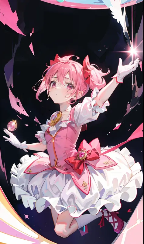 Masterpiece, best quality, 1girl, to be round, solo, pink hair, double ponytail, tears, pink eyes, gloves, magical girl, outstretched arms, collar, (kbxll: 0.6)