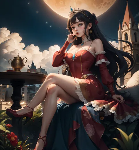 4K Ultra HD, Masterpiece, A cute girl, Long hair, Princess hairstyle, Princess dress, Red dress, lunar backdrop, Sitting,