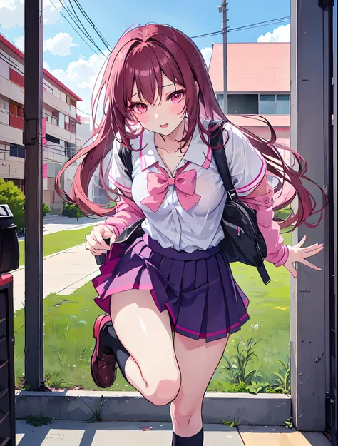 anime girl in a short skirt and a pink bow is running out of a doorl, beautiful anime high school girl, seductive anime girl, choolgirl, anime moe artstyle, school girl, smooth anime cg art, anime art, unbuttoned clothes