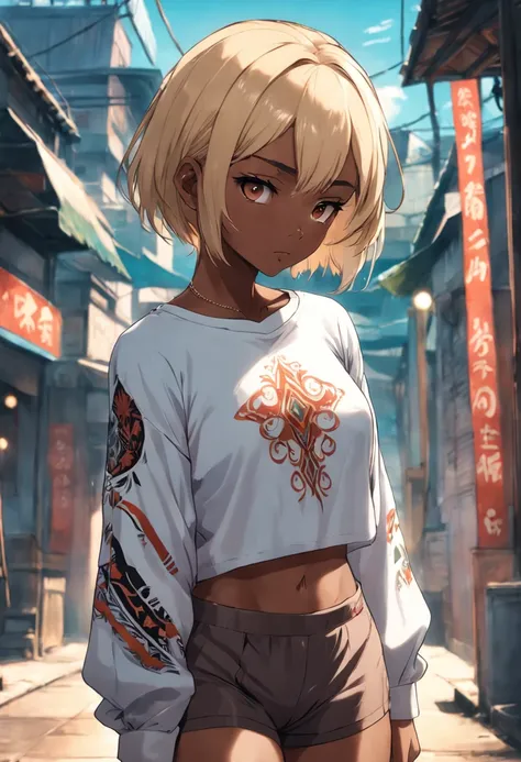 Dark skinned Amazonian adult female with blonde bob haircut, muscular, covered in tribal tattoos, wearing cropped long sleeve shirt, wearing short shorts, relaxing