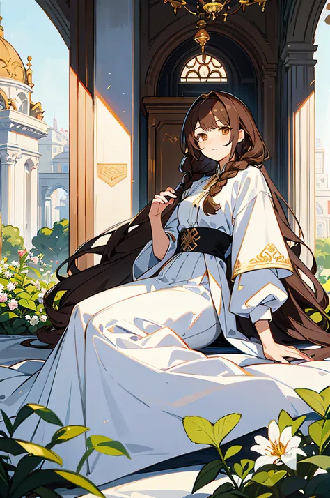 1 woman, (masterpiece, best quality:1.2), wearing white clothing, garden setting, very long hair, waist length hair, one braid on the left side of hair, brown hair, golden eyes