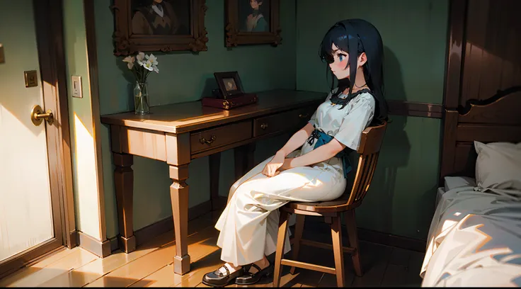 A lovelorn girl sits on a stool in the room