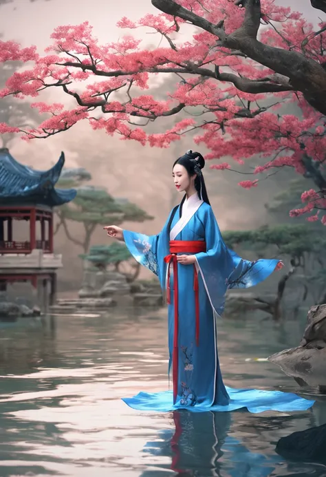 ((4K, Masterpiece, Best Quality)), shuimobysim, Chinese painting, lotus, hanfu, maxiskit, dress conservatively 1girl, solo, long blue hair, smile, standing, feet in water, barefoot