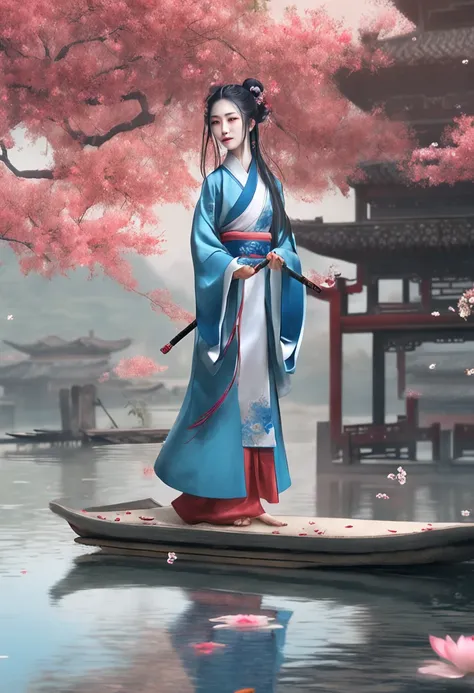 ((4K, Masterpiece, Best Quality)), shuimobysim, Chinese painting, lotus, hanfu, maxiskit, dress conservatively 1girl, solo, long blue hair, smile, standing, feet in water, barefoot