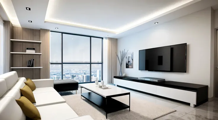 there is a living room with a couch, chair, coffee table and television, 8 k wide shot, 8 k wide angle, 8K wide angle, wide angle shot 4 k hdr, inside a modern apartment, 4 k ], 4K], Living room, fancy apartment, 8k --height 768, Ultra-wide movie view Araf...