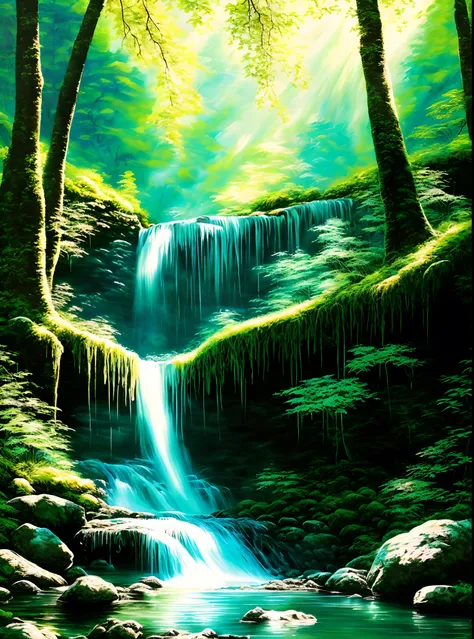 painting of a waterfall in a green forest with a sunbeam, waterfalls, amazing depth, breathtaking masterpiece of art, peaceful beautiful waterfall, multiple waterfalls, an endless waterfall, (waterfall), waterfall(beautiful, waterfall backdrop, waterfall, ...