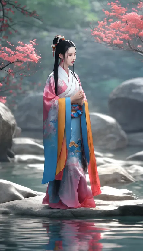 ((4K, Masterpiece, Best Quality)), shuimobysim, Chinese painting, lotus, hanfu, maxiskit, dress conservatively 1girl, solo, long blue hair, smile, standing, feet in water, barefoot