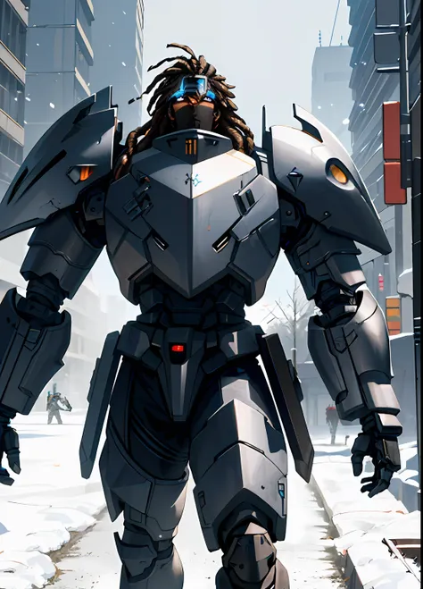 ((Best quality)), ((masterpiece)), (highly detailed:1.3), 3D, cyberpunk, 1 dark skinned male, visor, black dreadlocks, young, no beard, mechanical muscle, tall chunky cyborg, silver mech plate armor, giant weapons attached to armor, snowy steampunk canyon ...