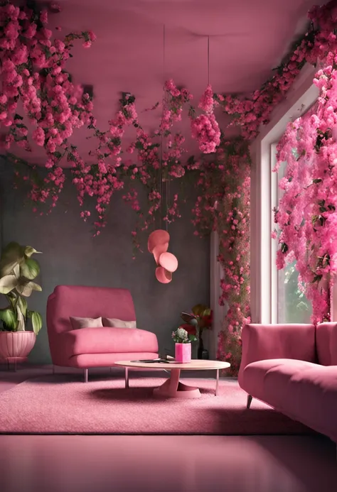 Interior design，cozy contemporary living room，Covered with pink flowers，There are flowers all over the window，4k，The picture is simple，award-winning contemporary interior design