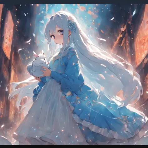 Flat coating，Flat coating，Flat coating，（（illustration）），highly detailed,{best quality}，（（Exquisitely）），Niji style，A girl with long white hair wearing a princess dress，blue，Holding a white rabbit doll，Detailed light and shadow，Blue sparkle，Extra beautiful