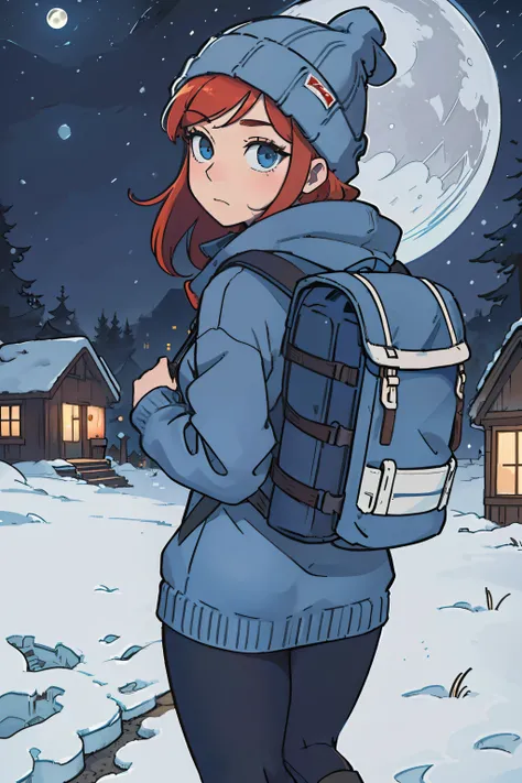 masterpiece, cinematic angle, dynamic framing, close up, low shot poster, from behind, back shot a wide shot of a beautiful, slim redhead woman wearing a bright blue sweater, tights, beanie, boots, and a backpack walking into a small, creepy town at night,...