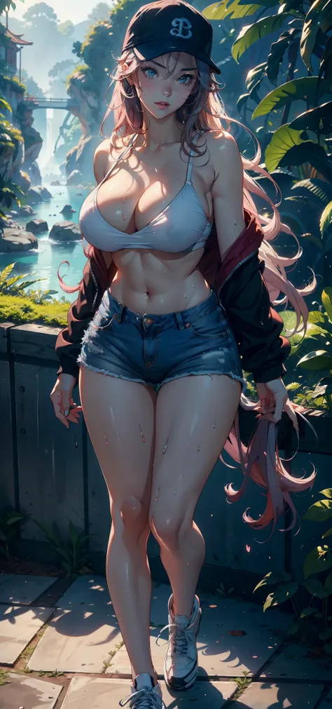 1female，35yo，熟妇，noodle，long leges，Big breasts Thin waist，the super hot and sexy，gigantic cleavage breasts，Pornographic exposure， 独奏，（Background with：ln the forest，the rainforest，in summer） She has long pink hair，Very long hair，Long flowing hair，With baseba...