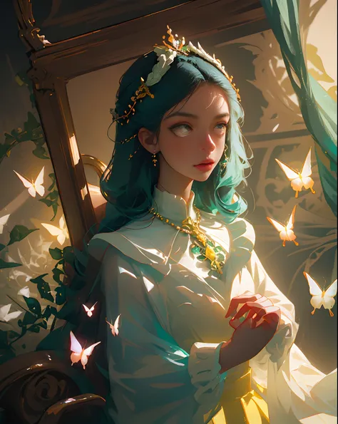 Flying butterflies，Fluttering petals，Fluttering hair，softlighting，soft focus，Hazy picture，Huge stained windows，The windows are transparent，1girll，Golden birdcage，Thorny vines，Red butterfly，mitts，（very intricate），Exquisite，Complex hairstyles，long  skirt，Roc...