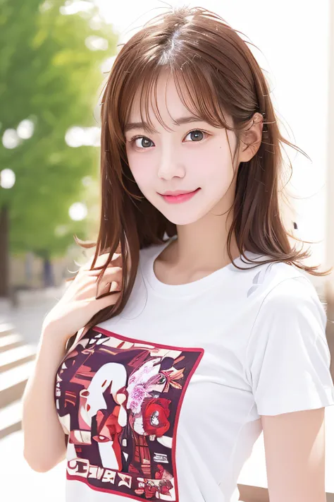 Smiling woman with long brown hair in white shirt、campus