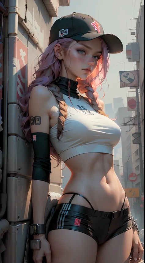 tmasterpiece，best qualtiy，8k wallpaper，The is very detailed，illustratio，（perfect bodies：1.1）, 1个Giant Breast Girl, dual horsetail，baseball cap，Cyberpunk-inspired short outfits, Lateral face, disdain