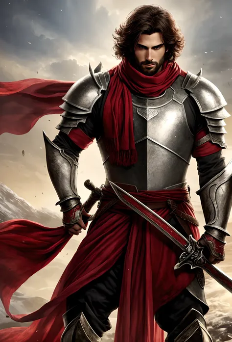 Two-dimensional male，Wear a red scarf，Wearing heavy armor，Holds a two-handed sword，Bleak and tragic background