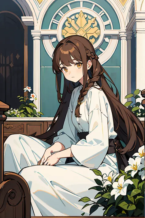 1 woman, (masterpiece, best quality:1.2), wearing white clothing, garden setting, dark theme, very long hair, waist length hair, braided hair on the left side, brown hair, golden eyes