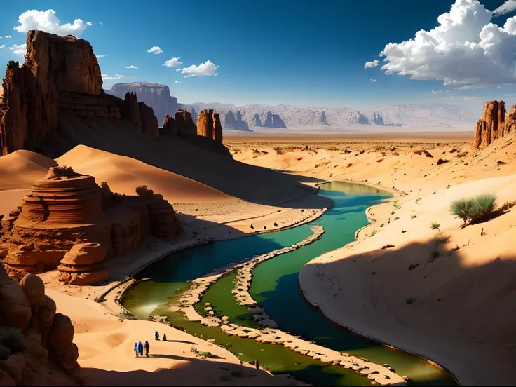 "（The best premium resolution at masterpiece level）Jordan valley，It shows a group of pilgrims walking in the desert，Pass by an oasis with crystal clear spring water，（Many pilgrims stand by the spring to rest：1.5），Desert plants and cacti，There is plenty of ...