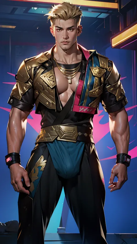 A tall muscular boy , Naked , Legs spread , （The whole body of the character），impact , Sweaty , Wet , Seductive , Bigboobs , large bulge , big balls , big assa，Exposing the pectoral muscles，Wu Yifan，Cyberpunk Style，golden colored，blue colors，Pink big breas...