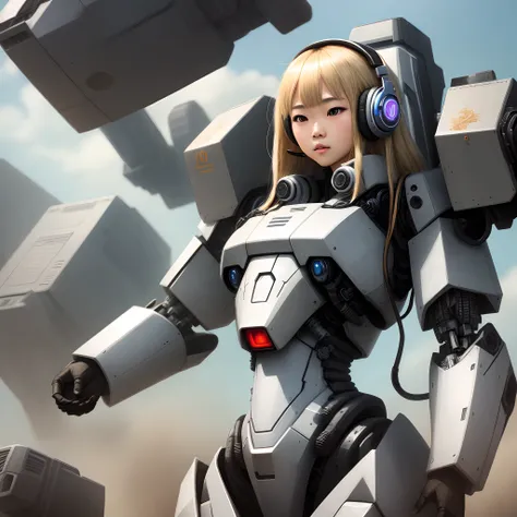 Blonde Asian girl with headphones piloting a huge mech