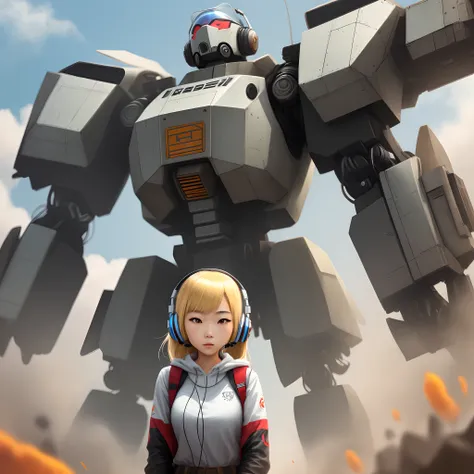 Blonde Asian girl with headphones piloting a huge mech