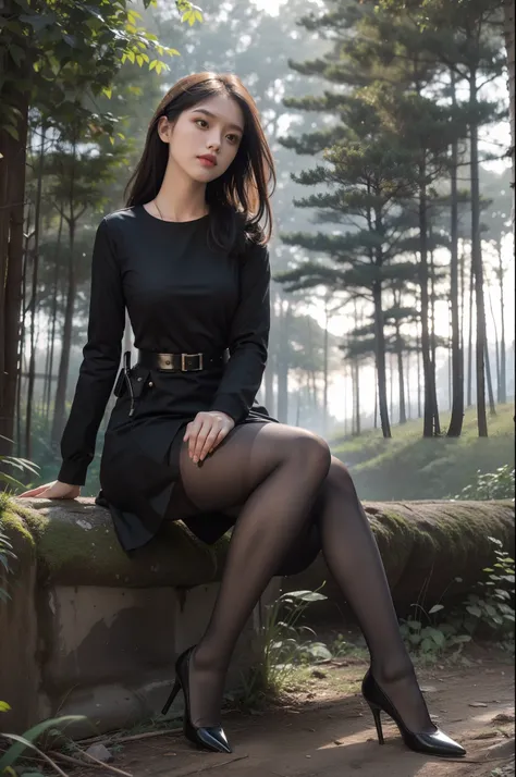 (full body:1.5)，(1girl:1.3),(view the viewer:1.4)，(anatomy correct:1.3),(sitting in the forest:1.2),(Wearing a Officer Style Dress:1.2),(Opaque pantyhose:1.3),( girl pointed thick heels :1.1)，(Accurate and perfect face:1.3),(Long legs:1.3),hyper HD, Ray tr...