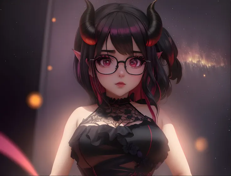 Anime girl with horns and glasses in a black dress, Demon girl, menina anime demon, meu vestido queridinho anime, Anime estilo 3D, Succubus em vestido curto apertado, succubus, 1 7 - year - old anime goth girl, mara demon, mika kurai demon, Succubus bonito...